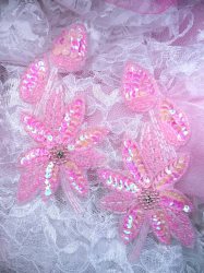 XR51 Pink Aurora Borealis AB Floral Mirror Pair Beaded Sequin Appliques 6"