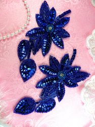 XR51 Sequin Rhinestone Centered Appliques Blue Floral Beaded Mirror Pair 6"