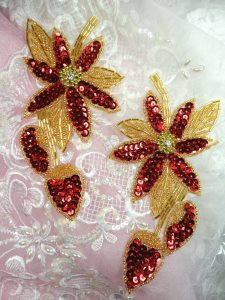 XR51 Appliques Red Gold Floral Mirror Pair Beaded Sequin  6"