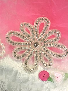 XR53 Crystal Clear Silver Beaded Rhinestone Applique 5"