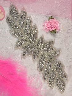 XR55 Crystal Clear Silver Beaded Rhinestone Applique 7"
