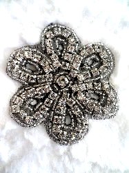 XR65 Black Backing Floral Silver Beaded Crystal Rhinestone Applique 2.75" Hot Fix Iron on