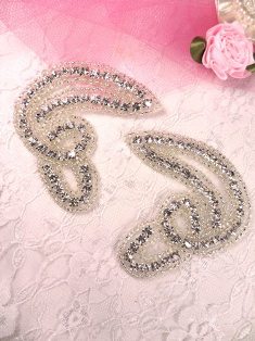 XR68 Crystal Clear Silver Beaded Rhinestone Appliques Mirror Pair 3"