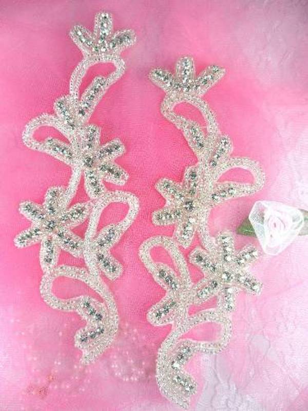 XR132 Floral Silver Beaded Mirror Pair Crystal Rhinestone Appliques 7"