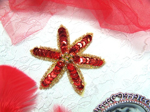A0416C  Gold Red Floral Beaded Sequin Applique 2.5"
