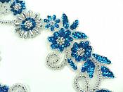 Mirror Pair Applique Deep Turquoise Silver Floral Sequin Beaded Patch 10" (0183X)