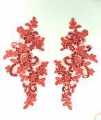 Embroidered Venice Lace Sequin Appliques Red Floral Venice Lace Mirror Pair 9.5" (DH123X)
