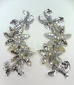 REDUCED Silver Floral Mirror Pair Beaded Sequin Appliques 6" K8254
