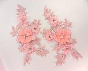 3D Embroidered Silk Appliques Pink Floral Mirror Pair With Rhinestones 8" F69X