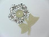 Flower Applique Silver Sequin Beaded Patch 4" F48
