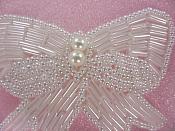 Bow Applique White Satin Pearl Beaded Patch 2.5" F34