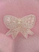 Bow Applique White Satin Pearl Beaded Patch 2.5" F34