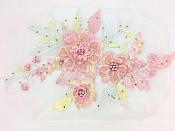 3 Dimensional Embroidered Lace Applique Pink Yellow Floral 17" BL129