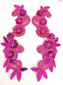 Mirror Pair Applique Fuschia Floral Sequin Beaded Patch 10" (0183X)