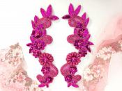Mirror Pair Applique Fuschia Floral Sequin Beaded Patch 10" (0183X)