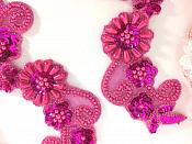 Mirror Pair Applique Fuschia Floral Sequin Beaded Patch 10" (0183X)