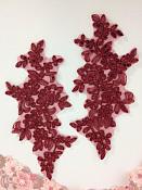 Sequin Embroidered Venice Lace Appliques Burgundy Floral Mirror Pair 10" (BL156X)
