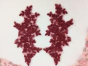 Sequin Embroidered Venice Lace Appliques Burgundy Floral Mirror Pair 10" (BL156X)