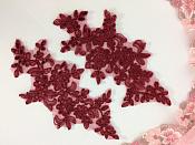 Sequin Embroidered Venice Lace Appliques Burgundy Floral Mirror Pair 10" (BL156X)