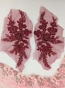 Appliques Beaded Floral Venice Lace Brick Red Mirror Pair Sequin Patch 11" (BL157X)