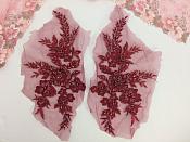 Appliques Beaded Floral Venice Lace Brick Red Mirror Pair Sequin Patch 11" (BL157X)