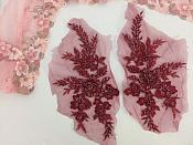 Appliques Beaded Floral Venice Lace Brick Red Mirror Pair Sequin Patch 11" (BL157X)