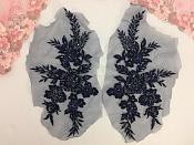 Appliques Beaded Floral Venice Lace Navy Mirror Pair Sequin Patch 11" (BL157X)