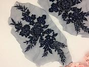 Appliques Beaded Floral Venice Lace Navy Mirror Pair Sequin Patch 11" (BL157X)