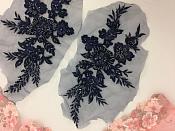 Appliques Beaded Floral Venice Lace Navy Mirror Pair Sequin Patch 11" (BL157X)