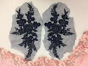 Appliques Beaded Floral Venice Lace Navy Mirror Pair Sequin Patch 11" (BL157X)