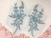 Appliques Beaded Floral Venice Lace Light Blue Mirror Pair Sequin Patch 11" (BL157X)