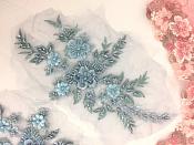 Appliques Beaded Floral Venice Lace Light Blue Mirror Pair Sequin Patch 11" (BL157X)