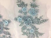 Appliques Beaded Floral Venice Lace Light Blue Mirror Pair Sequin Patch 11" (BL157X)