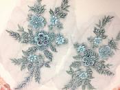 Appliques Beaded Floral Venice Lace Light Blue Mirror Pair Sequin Patch 11" (BL157X)