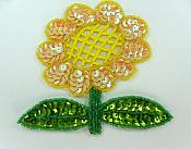 Flower Applique Sunflower Sequin Beaded Patch 4.75" F47