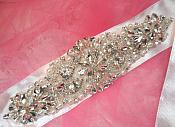Bridal Sash Crystal Rhinestone Silver Setting w/ Pearls On White Satin Double Face Ribbon (BSZ10)