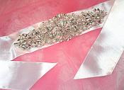 Bridal Sash Crystal Rhinestone Silver Setting w/ Pearls On White Satin Double Face Ribbon (BSZ10)