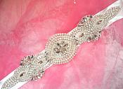 Bridal Sash Crystal Rhinestone Silver Setting w/ Pearls On White Satin Double Face Ribbon (BSZ12)
