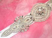 Bridal Sash Crystal Rhinestone Silver Setting w/ Pearls On White Satin Double Face Ribbon (BSZ12)