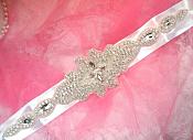 Bridal Sash Crystal Rhinestone Silver Setting On White Satin Double Face Ribbon (BSZ7)