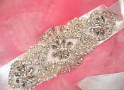 Bridal Sash Crystal Rhinestone Silver Setting w/ Pearls On White Satin Double Face Ribbon (BSZ8)