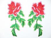 Red Pink Embroidered Appliques Floral Mirror Pairs 7.5" GB695X
