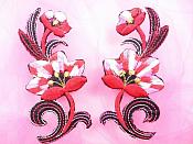 Red Pink Embroidered Appliques Floral Mirror Pairs 3.75" GB696X