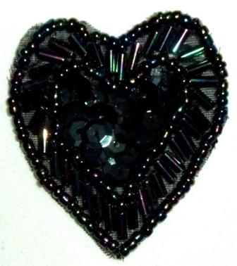 LC311  Black AB Heart Sequin Beaded Applique  1.75"