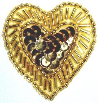 LC311  Gold Heart Sequin Beaded Applique  1.75"