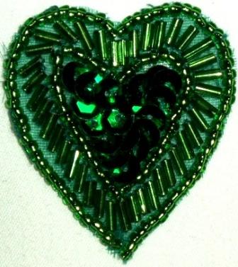 LC311  Green Heart Sequin Beaded Applique  1.75"