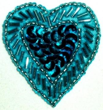 LC311  Turquoise Heart Sequin Beaded Applique  1.75"