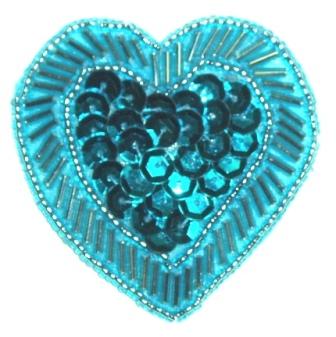 LC353  Turquoise Heart Sequin Beaded Applique  2.25"