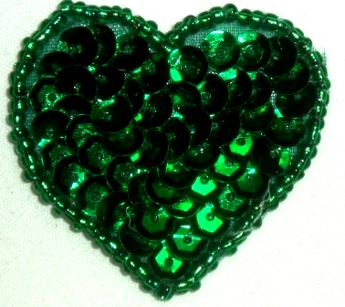 LC364  Green Heart Sequin Beaded Applique  1.5"