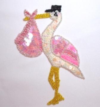 E053  Pink Stork Sequin Beaded Applique 6"